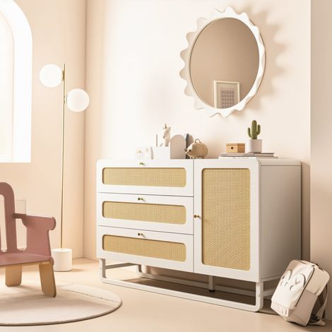 Buffet blanc style campagne, 3 tiroirs, 1 porte, résine tressée, 120 x 85 x 40 cm-FLORAGRACE (1/5)
