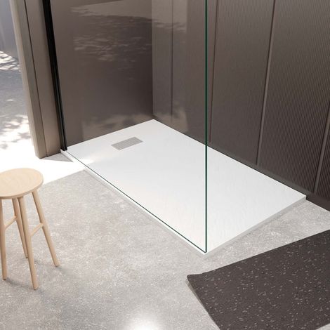 Plato Ducha Blanco Efecto Piedra 80x140cm y Rejilla patrón Perforado Inox (1/4)