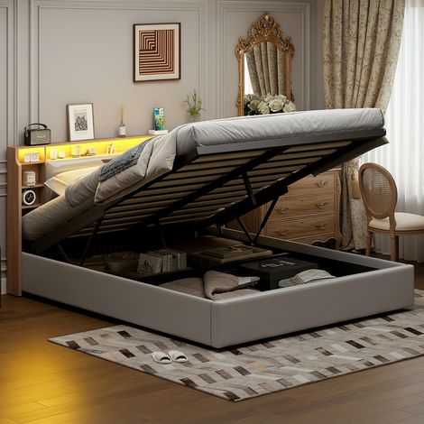 Lit coffre 160x200 cm, mécanisme de levage hydraulique, tête de lit avec espace de rangement, bande lumineuse LED, motif grain de bois, blanc (1/5)