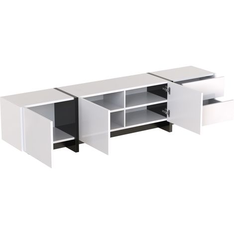 Meuble TV bas, avec pieds bicolores en blanc brillant et noir, portes et tiroirs, portes avec étagères. Design aux lignes épurées. (1/5)