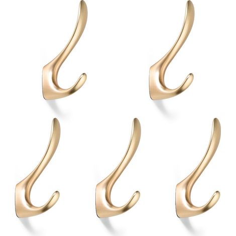 Lot de 5 crochets de porte à visser pour peignoirs, doubles crochets en laiton doré brossé, fixation murale sur bois, crochet serviette salle de bain (1/5)