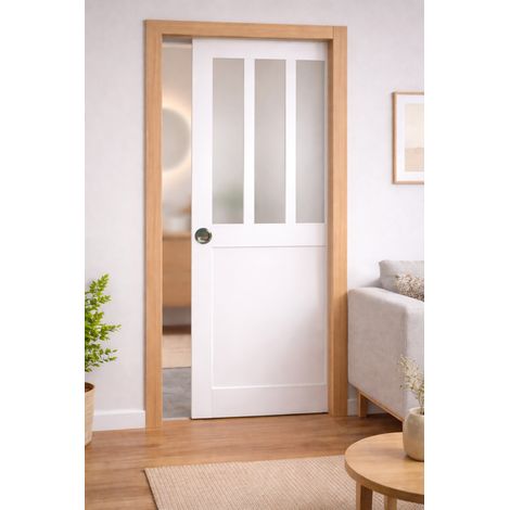 Porte Coulissante Atelier Blanc Vitre Depoli H204 X L93 Cm, Galandage, Kit Finition (coquille Et Tire Doigt) Gd Menuiseries