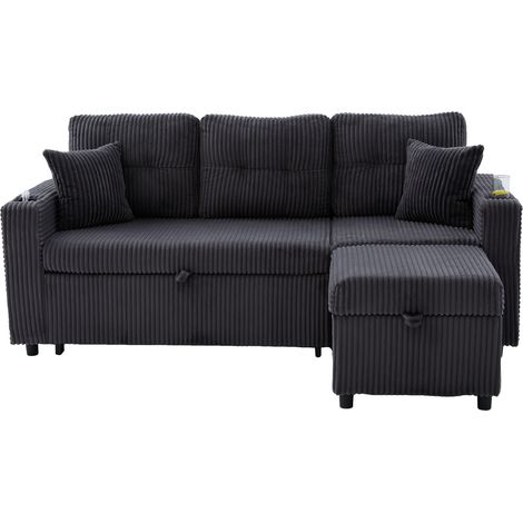 Canapé multifonction en velours côtelé avec rangement et lit gigogne, éclairage LED et port USB-C, 196x82-144x85 cm (1/5)
