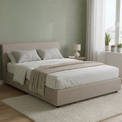 Talamo Italia - Letto alla francese Aros, Letto contenitore in tessuto, Apertura frontale, con materasso Cm 140x200 incluso, 100% Made in Italy, Tortora (1/5)