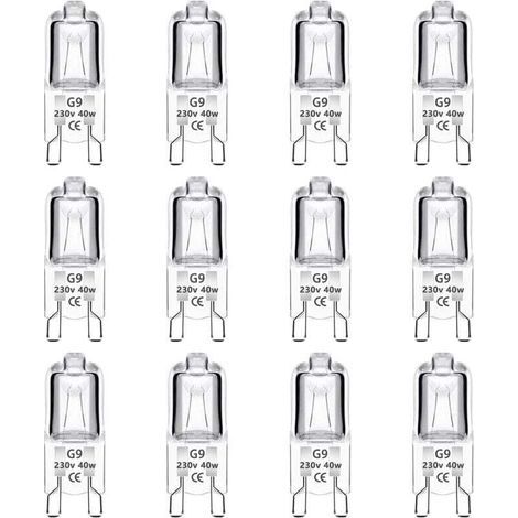 12er-Pack G9-Halogenlampen, 40 W, 230 V, dimmbar, 0–100 %, 480 lm, warmweiß (2700 K), G9-Sockel, flimmerfrei, für Backöfen, Kronleuchter, Gartenleuchten und Schrankbeleuchtung