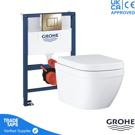 GROHE EURO Rimless Wall Hung Toilet Pan with 0.82m Concealed Cistern Frame Dual Flush Plate - Cool Sunrise (1/2)
