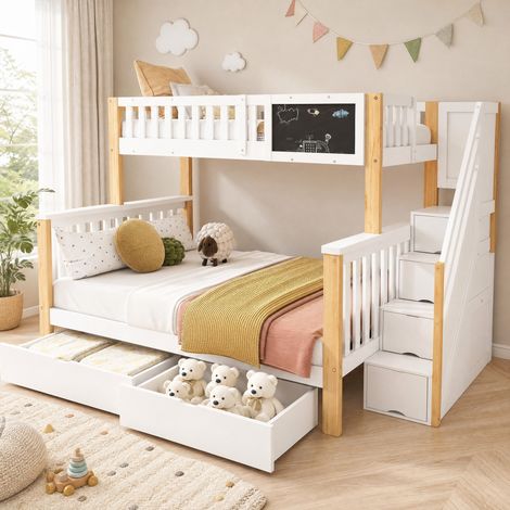MODFU – Letto a castello per bambini 90x200 e 140x200 cm in legno con lavagna, vani contenitore, cassetti, scala e portata 120 kg per posto letto – Bianco e rovere chiaro (1/5)