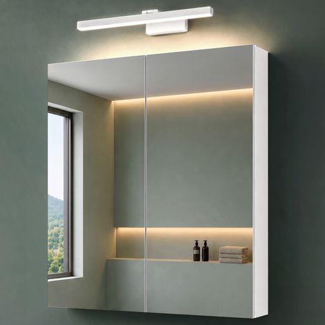 Mai & Mai Armoire Suspendue de Salle de Bain avec Miroir et Lampe LED 180° Rotative 40cm Blanc 2 Portes Armoire Miroir Murale Éclairage et Étagère 60x15x70cm Blanc Mat SpiegelSR-02