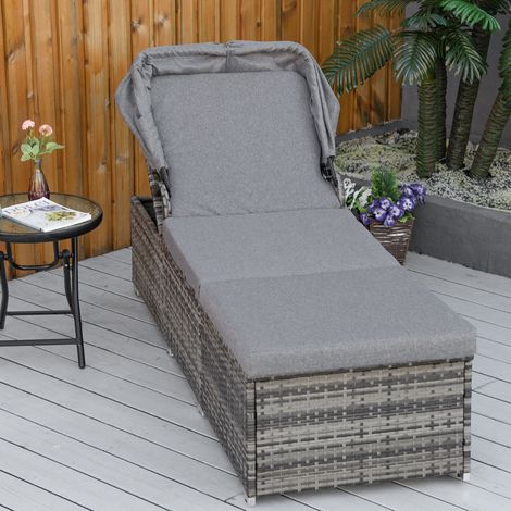 Fauteuil de jardin une place en rotin PE, inclinable et réglable, avec baldaquin et coussins, gris chiné (1/5)