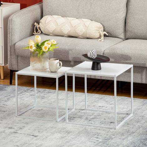Tables Basses Gigognes Carrées, Lot de 2 avec Cadre en Acier, Style Moderne, Utilisation Séparée ou Ensemble, Salon, Blanc (1/5)