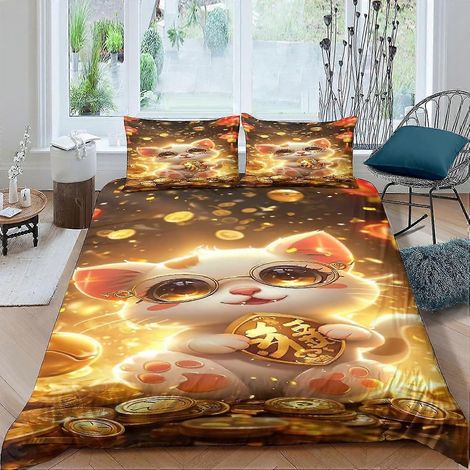 Parure de lit 3 pièces avec housse de couette imprimée chaton mignon, en microfibre ultra douce avec fermeture éclair invisible. (1/4)