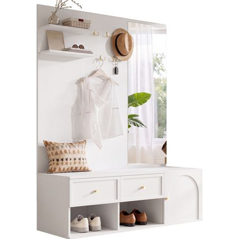 CHICFURN Recibidor 120 x 35 x 159 cm de aglomerado blanco con espejo y banco (1/5)