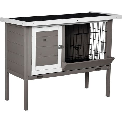 Kaninchenstall aus Holz mit Asphalt-Dach, Futtertrog, herausnehmbarer Schublade und 2 Türen, 91 x 46 x 71 cm, grau