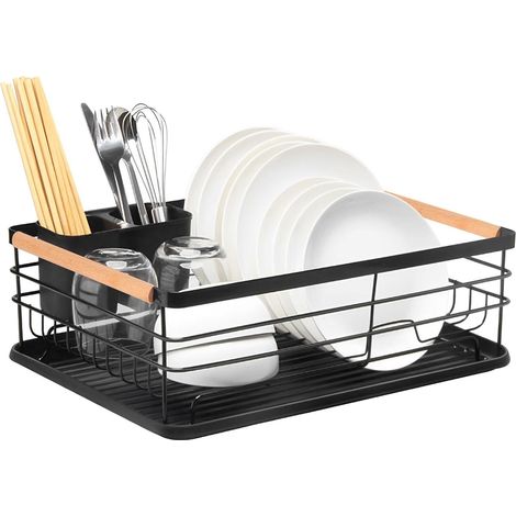 JF HOME BLISS Dish Drainer Rack- Space-Saving Dish Drainer,dish rack for Sink with Cutlery Holder and Plastic Drip Tray Stainless Steel Kitchen Drying Rack draining board rack,black (1/5)