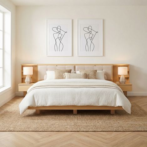 Lit suspendu rembourré avec tête de lit rangement USB, tiroirs étagères, sommier lattes, King 180x200 cm