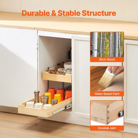 Organiseur d'armoire coulissant à 2 niveaux, tiroir coulissant cuisine réglable en bois, 315 x 533 mm, étagère coulissante robuste… (1/5)