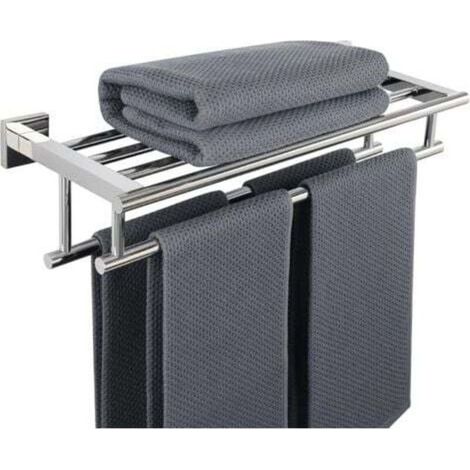 Portasciugamani da bagno, portasciugamani a parete a doppia barra con ripiano, 60 cm, finitura lucida in acciaio inossidabile SUS 304, EGZ8050-C - RWPorte-serviette (1/4)