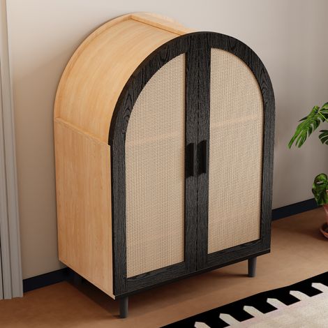 MEUBLIV Schuhschrank in Schwarz und Holz – 2 Türen aus offenem Rattan, 3 Regalböden (1/5)