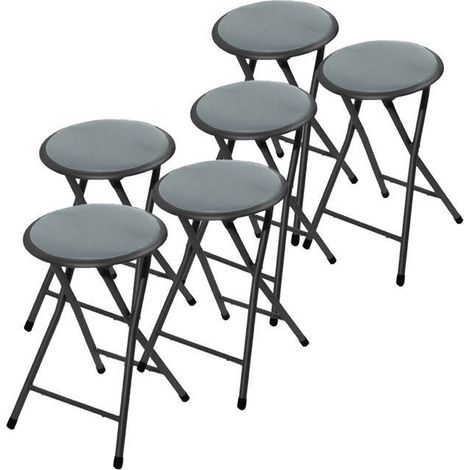 Tabouret pliable - JUANIO - Lot de 6 - Assise rembourrée - Structure PVC - Gris 30x30x45 cm (1/4)