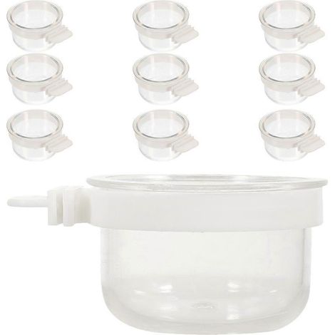 Lot de 10 mangeoires et abreuvoirs pour petits oiseaux (perroquets, calopsittes, etc.) à suspendre dans une cage. Ces gamelles en acrylique sont pratiques et adaptées aux cages. (1/5)