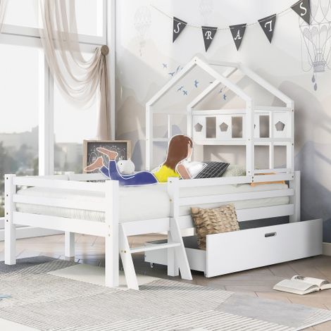 Letto a castello per bambini con scaletta e cassetti, rete a doghe inclusa, in legno massello con sistema anticaduta, 90x200 cm, bianco (senza materasso) (1/5)