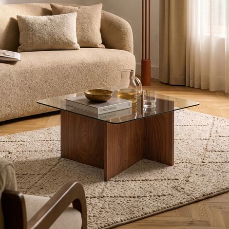 Couchtisch Benexjö mit Glasplatte 70x70x36 cm Walnussoptik/Grau [en.casa] (1/5)