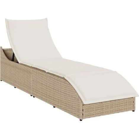 Fauteuil inclinable pliant avec coussins et espace de rangement, en résine tissée beige (1/5)