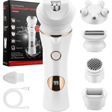 Épilateur 6 en 1 pour femme - Sans fil - Avec lumière LED - Humide et sec - Étanchéité IPX7 - Autonomie de la batterie : 90 minutes - Or