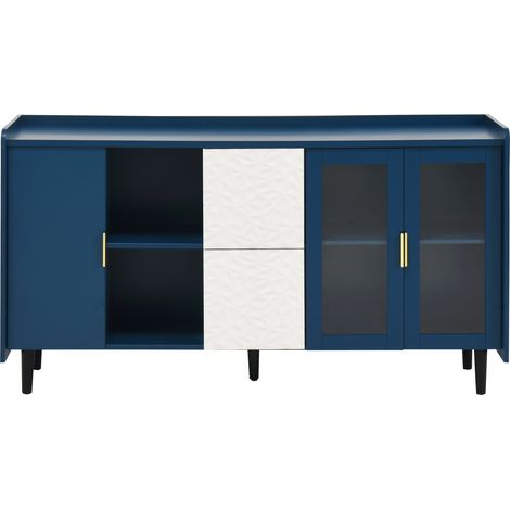 Buffet en bois bleu avec 2 tiroirs, 2 étagères ouvertes et 2 portes vitrées pour cuisine et salon (1/5)