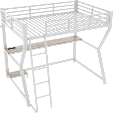 Letto a soppalco 90 x 200 cm con LED, scrivania, presa USB e scaffale per PC, bianco (1/5)