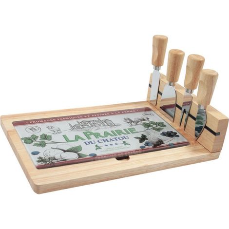 Planche à découper en verre et bois naturel – Carte de France avec 4 couteaux en acier inoxydable – Partie aimantée pour rangement astucieux – La Chaise Longue