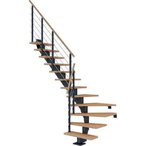 Dolle Mittelholmtreppe Hamburg 1/4 gewendelt Eiche weiß, geölt 75 cm breit für GH 240 – 279 cm UK Metall Anthrazit mit Geländer