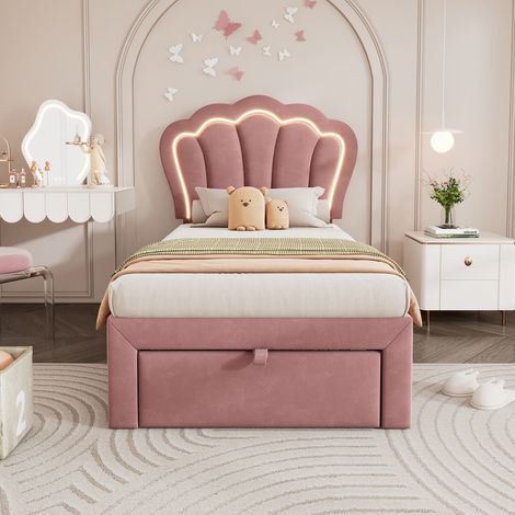 Lit enfant 90x190 cm en velours rose avec LED RGB, tête de lit fleur réglable, tiroir de rangement et sommier à lattes (1/5)