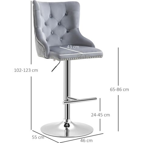 Lot de 2 tabourets de bar pivotants velours gris clair,hauteur réglable 46x55x102-123cm pour cuisine et comptoir.