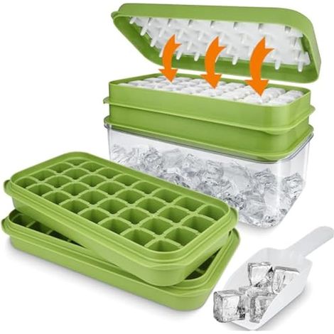 Vassoio per cubetti di ghiaccio, 64 pezzi, stampo in silicone alimentare con coperchio, scomparto portaoggetti e cucchiaio, pressa per ghiaccio, rilascio istantaneo, adatto al congelatore, per cocktai (1/5)