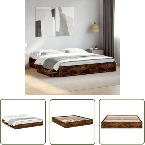 The Living Store Cadre de lit avec tiroirs sans matelas chêne fumé 180x200 cm - Cadre De Lit - Lit Double - Lit Avec Tiroirs - Meuble De Chambre - Bois D'ingénierie (1/5)
