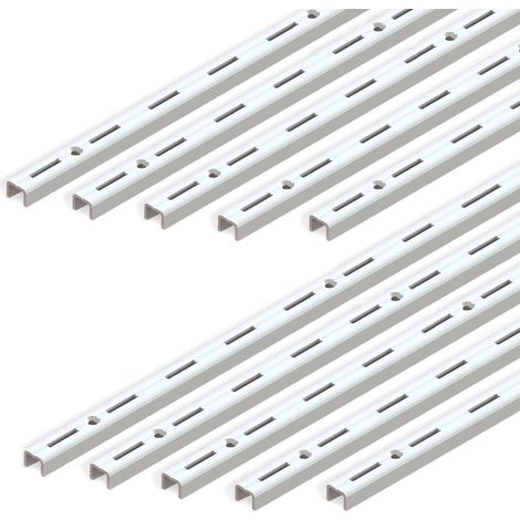 Emuca – Lot de 10 supports muraux Jagmet – Rainure simple pas de 50mm – Longueur 1m – Acier laqué blanc pour étagères bois et verre