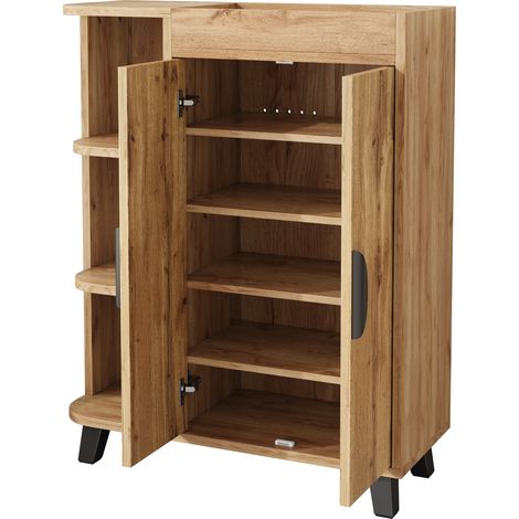 Armoire à chaussures étroite, double porte, aspect bois, compartiments ouverts, rangement supérieur, pour petits espaces et couloir (1/5)