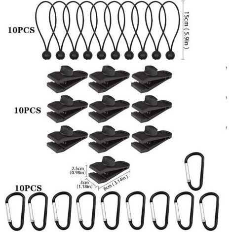 Ahlsen 30 PCS Clips de Bâche Pinces Robuste Attache Bâche pour Extérieur Clip de Tente avec Cordon Élastique et Crochets Mousqueton en Forme de D pour Bâches Auvents Camping Caravane Couvertures en To (1/5)