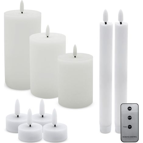LED Kerzen Set mit Fernbedienung und Timer - 9-teilig - Vielseitiges Lichterset aus Stumpenkerzen Stabkerzen und Teelichtern
