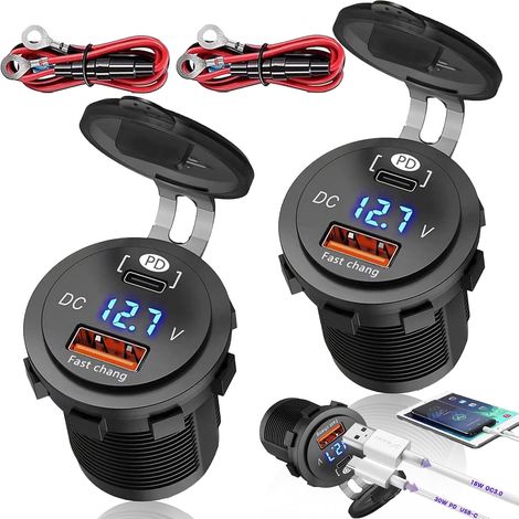 2 Pièces Allume Cigare USB c, 12V Prise de Chargeur Voiture Double 30W PD et 18W QC3.0, Prise USB 12V/24V Charge Rapide 3.0 Double Prise Chargement USB pour Voiture avec voltmètre Bleu (1/5)