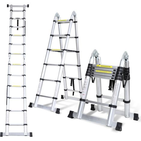Randaco Scala telescopica in alluminio 1,9m+1,9m Silver senza gancio Con stabilizzatore Con ruote carico massimo 150 kg (1/3)