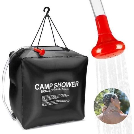 Sac de douche solaire (noir), 40 L, portable et pliable, avec pommeau de douche et chauffe-eau.-AquaForge (1/5)