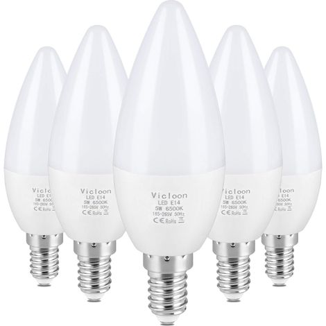 Ampoule LED E14,5Pcs C37 LED E14 Bougie LED,5W Équivalent Ampoule Incandescente 40W,Ampoule LED Plastique,AC 165-265V 5.5W,Blanc Froid 6500K,500LM,Angle de Diffusion 270°,Non Dimmable (1/5)