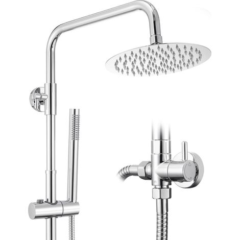Colonne de Douche Sans Mitigeur Chrome Mat en Laiton, Colonne Télescopique 68-108cm avec Tête de Douche Rond Carrée 8", Douchette Carrée et Flexible PVC, pour Baignoire et Salle de Bain (1/5)