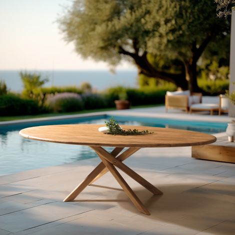 COLINE - Table à manger de jardin ovale 240x120cm en bois de teck recyclé (2 COLIS) (1/5)