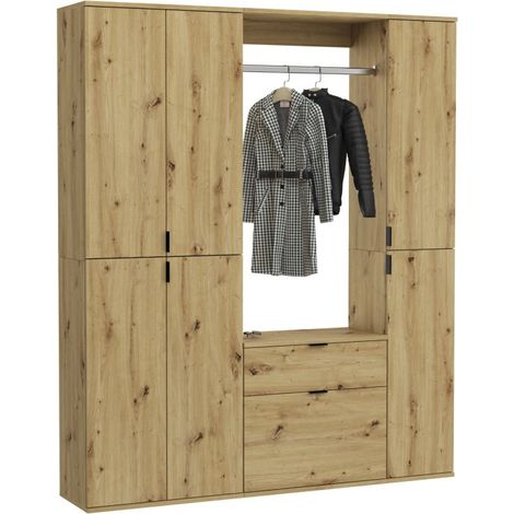 Armario de almacenamiento de 6 puertas con espejos, armario ropero y 4 cajones - Roble claro - BODITE