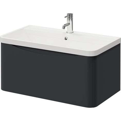 Vela Satin Anthracite 800mm Wall Mounted Single Drawer Vanity Unit with Anya Basin