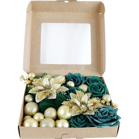 Weihnachts-Kombinationsbox mit künstlichem Grün, künstlichen Rosen aus Seidenstoff und Weihnachtskugeln (1/3)