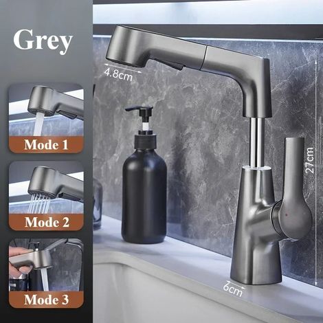 Robinet de cuisine extractible (gris), robinet de lavabo de salle de bain rotatif à 360°, robinet d'évier de cuisine en acier inoxydable avec douchette extractible (1/5)